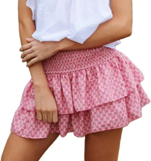Y2k Tiered Ruffle Mini Skirt Women Smocked High Elastic Waist A-Line Pleated Flowy Boho Skater Short Skirt
