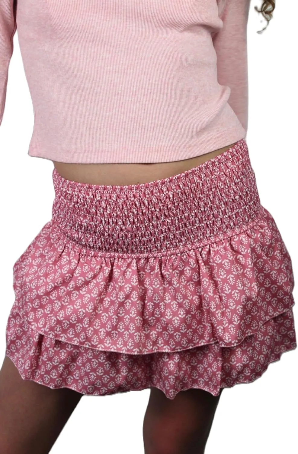 Y2k Tiered Ruffle Mini Skirt Women Smocked High Elastic Waist A-Line Pleated Flowy Boho Skater Short Skirt