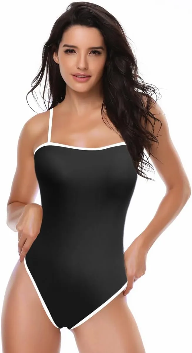 YELAIVP Women's One Piece Swimsuits Tummy Control Backless Bathing Suits High Cut Color Block Spaghetti Straps Swimsuit
