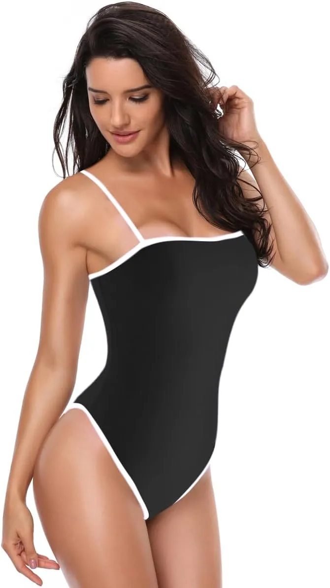 YELAIVP Women's One Piece Swimsuits Tummy Control Backless Bathing Suits High Cut Color Block Spaghetti Straps Swimsuit