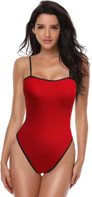 YELAIVP Women's One Piece Swimsuits Tummy Control Backless Bathing Suits High Cut Color Block Spaghetti Straps Swimsuit