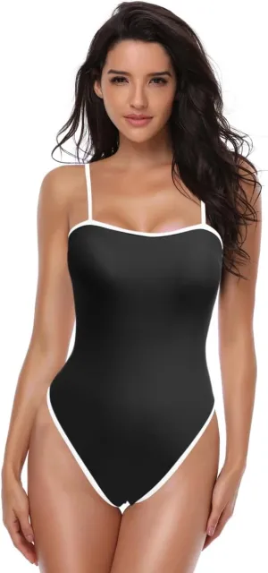 YELAIVP Women's One Piece Swimsuits Tummy Control Backless Bathing Suits High Cut Color Block Spaghetti Straps Swimsuit