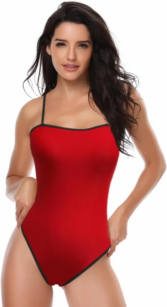 YELAIVP Women's One Piece Swimsuits Tummy Control Backless Bathing Suits High Cut Color Block Spaghetti Straps Swimsuit