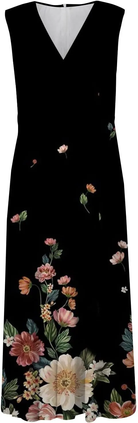 Yesunpxs Women's 2024 Floral Printed Maxi Dress - Sleeveless, V-Neck, Wrap, Midi, All Seasons, Size M, Summery Floral