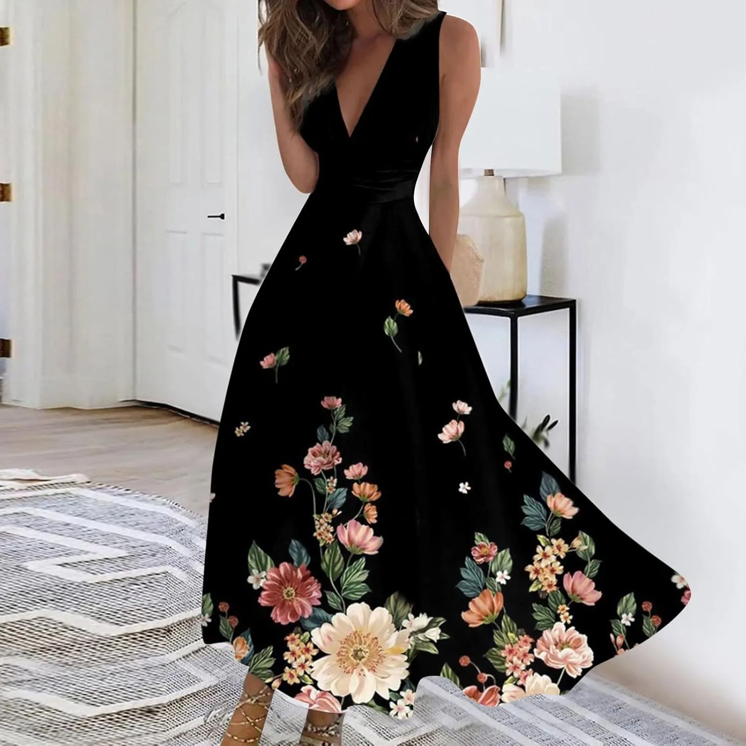 Yesunpxs Women's 2024 Floral Printed Maxi Dress - Sleeveless, V-Neck, Wrap, Midi, All Seasons, Size M, Summery Floral