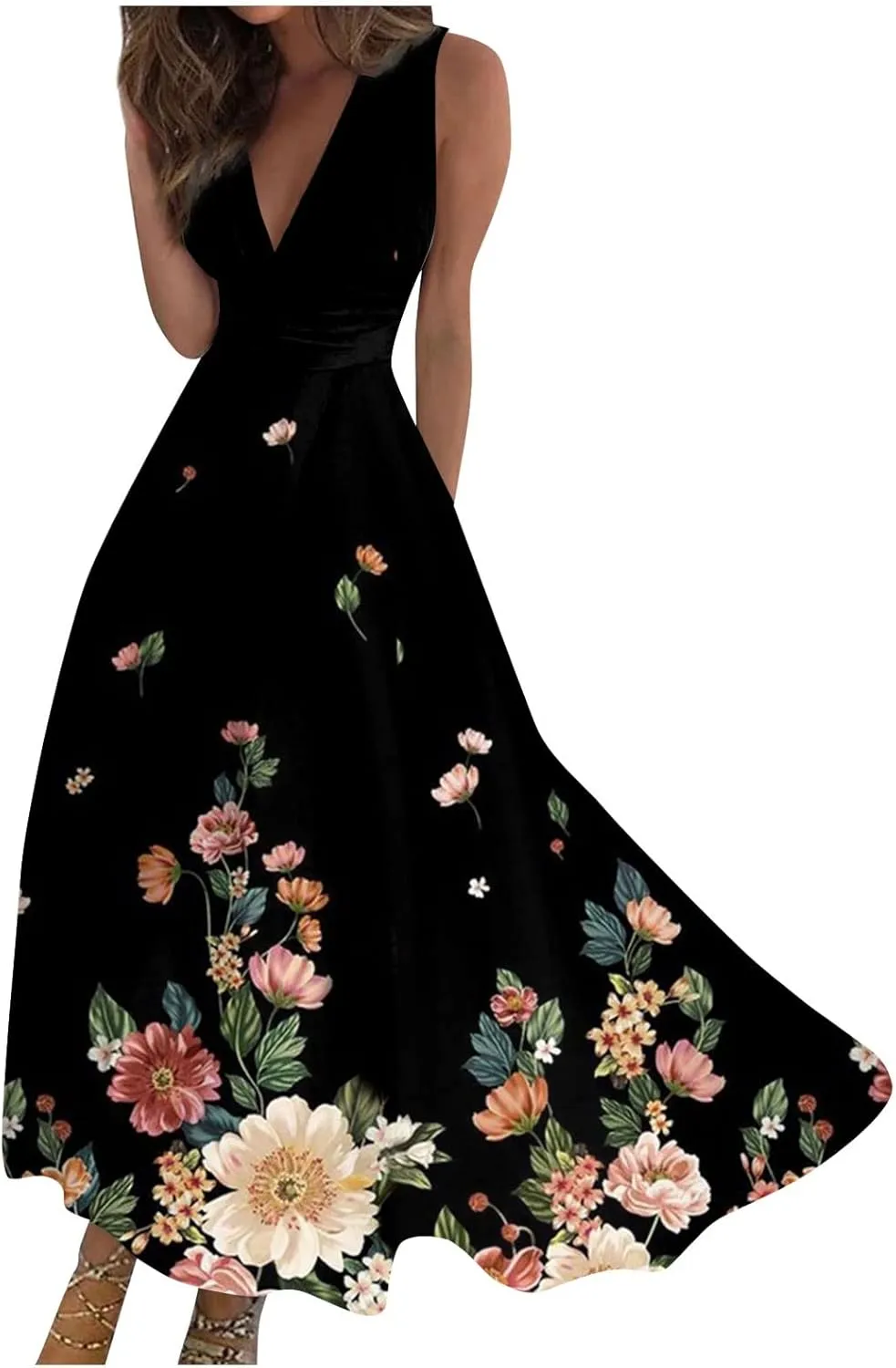 Yesunpxs Women's 2024 Floral Printed Maxi Dress - Sleeveless, V-Neck, Wrap, Midi, All Seasons, Size M, Summery Floral