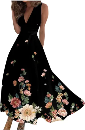 Yesunpxs Women's 2024 Floral Printed Maxi Dress - Sleeveless, V-Neck, Wrap, Midi, All Seasons, Size M, Summery Floral